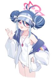 Rule 34 | 1girl, antenna hair, arsyky14, blue archive, blue hair, blush, cowboy shot, cropped legs, double bun, fubuki (blue archive), fubuki (swimsuit) (blue archive), grey hair, hair bun, halo, highres, jacket, long sleeves, multicolored hair, official alternate costume, one-piece swimsuit, open clothes, open jacket, open mouth, pink halo, red eyes, short hair, simple background, smile, solo, swimsuit, whistle, whistle around neck, white background, white jacket, white one-piece swimsuit
