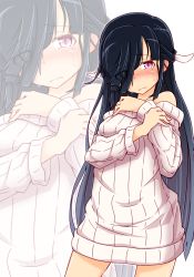 Rule 34 | 10s, 1girl, alternate costume, bare shoulders, black hair, blush, cowboy shot, hair over one eye, hair ribbon, hands on own chest, hayashimo (kancolle), kantai collection, long hair, looking at another, purple hair, ribbed sweater, ribbon, ru2n131, solo, sweat, sweater, wavy mouth, zoom layer