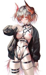 Rule 34 | 1girl, arknights, bar censor, between breasts, black jacket, blush, breasts, censored, cowboy shot, feather hair, female pubic hair, fiammetta (arknights), gradient hair, grey hair, harness, highres, holding, iumu, jacket, long sleeves, looking at viewer, medium breasts, multicolored hair, navel, nipples, no bra, no panties, o-ring, object insertion, open clothes, open jacket, parted lips, pubic hair, pussy, red eyes, red hair, sex toy, simple background, smile, solo, thigh strap, vaginal, vaginal object insertion, vibrator, vibrator cord, white background