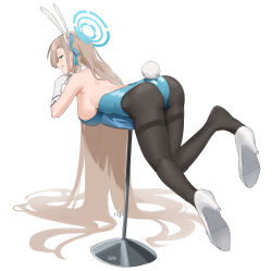 Rule 34 | 1girl, animal ears, ass, asuna (blue archive), asuna (bunny) (blue archive), backless leotard, bar stool, bare shoulders, blue archive, blue eyes, blue leotard, blush, breasts, detached collar, fake animal ears, fake tail, fikkyun, gloves, halo, highleg, highleg leotard, highres, large breasts, leotard, long hair, looking at viewer, lying, on stomach, pantyhose, playboy bunny, rabbit ears, rabbit tail, sideboob, simple background, smile, solo, stool, strapless, strapless leotard, tail, thighband pantyhose, thighs, very long hair, white background, white gloves, wrist cuffs