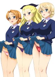 Rule 34 | 3girls, absurdres, assam (girls und panzer), bad id, bad pixiv id, black panties, blonde hair, blue eyes, blue skirt, blush, bow, braid, breasts, closed mouth, clothes lift, darjeeling (girls und panzer), french braid, girls und panzer, hair bow, hair ribbon, highres, large breasts, lifting own clothes, miniskirt, multiple girls, necktie, open mouth, orange hair, orange pekoe (girls und panzer), panties, pink panties, pleated skirt, red panties, ribbon, school uniform, simple background, skirt, skirt lift, small breasts, smile, st. gloriana&#039;s (emblem), st. gloriana&#039;s school uniform, standing, thighs, underwear, white background, yasuoextuuuuuu