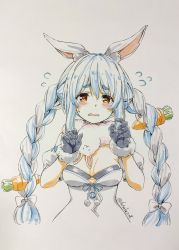 Rule 34 | 1girl, animal ear fluff, animal ears, bare shoulders, black gloves, black leotard, blue hair, blush, bow, braid, breasts, brown eyes, carrot hair ornament, cropped torso, detached sleeves, don-chan (usada pekora), dress, flying sweatdrops, food-themed hair ornament, fur-trimmed gloves, fur trim, fuusuke (fusuke208), gloves, grey background, hair between eyes, hair bow, hair ornament, highres, hololive, leotard, long hair, looking at viewer, medium breasts, multicolored hair, parted lips, puffy short sleeves, puffy sleeves, rabbit ears, short sleeves, simple background, solo, strapless, strapless dress, strapless leotard, sweat, thick eyebrows, twin braids, twintails, twitter username, two-tone hair, upper body, usada pekora, usada pekora (1st costume), very long hair, virtual youtuber, wavy mouth, white bow, white dress, white hair, white sleeves