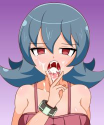 Rule 34 | 1girl, bare shoulders, blue hair, blush, bracelet, breasts, collarbone, creatures (company), cum, cum in mouth, cum on body, cum on tongue, cum on upper body, empty eyes, facial, female focus, game freak, gradient background, hair between eyes, half-closed eyes, hami gakko, hand up, highres, jewelry, large breasts, looking at viewer, nintendo, open mouth, pokemon, pokemon hgss, purple background, red eyes, red shirt, sabrina (pokemon), shiny skin, shirt, short hair, simple background, sleeveless, sleeveless shirt, solo, spaghetti strap, teeth, tongue, tongue out, upper body, uvula