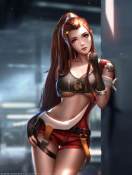 Rule 34 | 1girl, against wall, arm tattoo, asymmetrical clothes, belt, blurry, breasts, brigitte (overwatch), brown eyes, brown hair, cleavage, crop top, depth of field, fingerless gloves, gloves, hair ornament, hand on own hip, leaning, liang xing, looking at viewer, medium breasts, navel, overall shorts, overalls, overwatch, overwatch 1, parted lips, ponytail, shoulder tattoo, solo, stomach, suspenders, tattoo, underboob