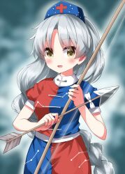 Rule 34 | 1girl, arrow (projectile), blue dress, blue hat, blush, bow (weapon), braid, breasts, cross, dress, grey hair, hat, highres, holding, holding arrow, holding bow (weapon), holding weapon, long hair, looking at viewer, medium breasts, nurse cap, open mouth, puffy short sleeves, puffy sleeves, red cross, red dress, ruu (tksymkw), short sleeves, single braid, smile, solo, touhou, two-tone dress, upper body, very long hair, weapon, yagokoro eirin, yellow eyes