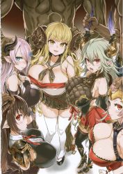 Rule 34 | 2boys, 5girls, absurdres, aliza (granblue fantasy), anila (granblue fantasy), antenna hair, asanagi, bare shoulders, bikini, black gloves, blonde hair, breasts, brown hair, circlet, cleavage, draph, forte (shingeki no bahamut), gloves, granblue fantasy, hair over one eye, height difference, highres, horn grab, horn ornament, horns, huge breasts, huge filesize, light purple hair, long hair, looking at viewer, multiple boys, multiple girls, narmaya (granblue fantasy), pink hair, pointy ears, sideboob, simple background, size difference, skindentation, skirt, smile, swimsuit, threo (granblue fantasy), thick thighs, thighhighs, thighs, white background, white bikini, white legwear