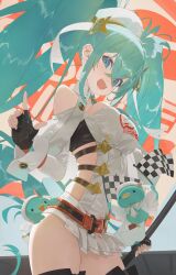 Rule 34 | 1girl, aqua eyes, aqua hair, aqua necktie, bare shoulders, beret, bird, black gloves, breasts, checkered flag, commentary request, cowboy shot, crossed bangs, duck, fingerless gloves, flag, gloves, hair between eyes, hair ornament, hat, hatsune miku, highres, holding, holding flag, index finger raised, koyo2023, long hair, looking at viewer, medium breasts, micro shorts, necktie, open mouth, racing miku, racing miku (2023), shorts, sideless outfit, smile, solo, star (symbol), star hair ornament, twintails, very long hair, vocaloid, white hat