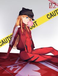 Rule 34 | 10s, 1girl, animal ears, animal hat, arm support, badge, black hat, blowing bubbles, bodysuit, bracer, breasts, button badge, cabbie hat, caution tape, chewing gum, copybird, emblem, english text, evangelion: 3.0 you can (not) redo, eyepatch, fake animal ears, from side, gloves, gradient background, grey background, hair between eyes, hat, hat ornament, highres, jacket, long hair, long sleeves, looking at viewer, md5 mismatch, neon genesis evangelion, nerv, open clothes, open jacket, orange hair, pilot suit, plugsuit, rebuild of evangelion, red jacket, resolution mismatch, sidelocks, single vertical stripe, sitting, skinny, small breasts, solo, source larger, souryuu asuka langley, tape, track jacket, turtleneck