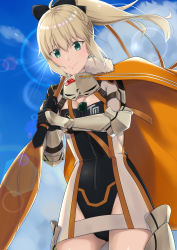 Rule 34 | 1girl, absurdres, armor, artoria pendragon (all), artoria pendragon (fate), blonde hair, cape, content rating, cowboy shot, elbow gloves, fate/grand order, fate (series), from below, fur-trimmed cape, fur trim, gloves, gluteal fold, goodsmile company, goodsmile racing, green eyes, groin, highres, k-ya., lens flare, official alternate costume, official alternate hairstyle, saber (fate), smile, solo, umbrella, yellow cape
