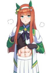 Rule 34 | 1girl, abs, absurdres, animal ears, black bow, black gloves, blue eyes, blush, bow, clothes lift, commentary request, cowboy shot, ear ornament, flat chest, gloves, hairband, highres, hime cut, horse ears, horse girl, jacket, lifting own clothes, long hair, long sleeves, looking at viewer, midriff, navel, orange hair, parted lips, pleated skirt, senchan 7, shirt lift, short-sleeved sweater, short sleeves, silence suzuka (umamusume), simple background, skirt, solo, sweater, umamusume, white background, white hairband, white jacket, white skirt