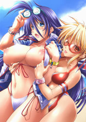 Rule 34 | 2girls, :p, assisted exposure, beach, bikini, bikini pull, blonde hair, blue eyes, blue hair, blush, bracelet, breasts, clothes pull, cloud, curvy, day, glasses, huge breasts, jewelry, large breasts, long hair, lowres, multiple girls, nipples, ocean, one eye closed, original, outdoors, pulling another&#039;s clothes, rakko (r2), sand, side-tie bikini bottom, sky, sunglasses, swimsuit, tongue, tongue out, very long hair, watch, water, wink, wristwatch