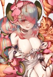 Rule 34 | 1girl, areola slip, bare shoulders, breasts, bridal gauntlets, cleavage, dress, duel monster, flower, hair flower, hair ornament, hair over one eye, large breasts, long hair, looking at viewer, multicolored hair, navel, open mouth, pink hair, pointy ears, red eyes, smile, snm (sunimi), solo, traptrix pinguicula, yu-gi-oh!