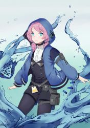 Rule 34 | 1girl, aqua background, arknights, black choker, black shorts, blue eyes, blue jacket, blue poison (arknights), blush, breasts, choker, closed mouth, collared shirt, cowboy shot, frog, gradient background, hair over one eye, highres, hood, hooded jacket, jacket, long hair, looking at viewer, pink hair, shirt, short shorts, shorts, small breasts, smile, solo, suspender shorts, suspenders, twintails, vial, white background, white shirt, y.u