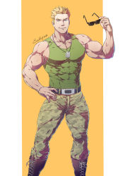 Rule 34 | 1boy, abs, artist name, bara, belt, blonde hair, blue eyes, boots, camouflage, closed mouth, covered abs, covered erect nipples, creatures (company), evinist, game freak, green tank top, highres, holding, holding removed eyewear, jewelry, large pectorals, male focus, muscular, muscular male, necklace, nintendo, nipples, pants, pectoral cleavage, pectorals, pokemon, pokemon hgss, short hair, smile, spiked hair, sunglasses, surge (pokemon), tank top, taut clothes, unworn eyewear