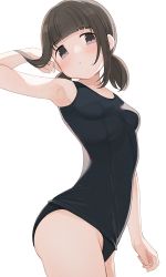 Rule 34 | 1girl, armpits, ass, black eyes, black hair, black one-piece swimsuit, blush, breasts, closed mouth, collarbone, expressionless, hand up, highres, hiroki (yyqw7151), looking at viewer, low twintails, medium hair, one-piece swimsuit, original, school swimsuit, school swimsuit flap, sidelocks, simple background, small breasts, swimsuit, thighs, twintails, white background