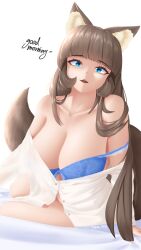 Rule 34 | 1girl, absurdres, animal ear fluff, animal ears, bed, bed sheet, blue eyes, bra, breasts, brown hair, cat ears, cat girl, cat tail, cleavage, fang, fluffy, highres, large breasts, long hair, looking at viewer, morning, open mouth, original, see-through, see-through shirt, shirt, short hair, simple background, tail, takie, takie arts, text focus, underwear, very short hair, white shirt