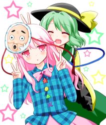 Rule 34 | 2girls, adaajt, bow, double v, expressionless, female focus, green hair, hat, hat ribbon, hata no kokoro, heart, heart of string, highres, hopeless masquerade, komeiji koishi, long hair, long sleeves, looking at viewer, mask, multiple girls, open mouth, pink eyes, pink hair, plaid, plaid shirt, ribbon, shirt, short hair, skirt, smile, star (symbol), third eye, touhou, triangle, v, victory pose