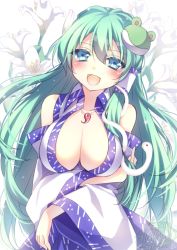 Rule 34 | 1girl, 2015, bad id, bad pixiv id, bare shoulders, blue eyes, blush, breast lift, breasts, cleavage, collarbone, colored eyelashes, dated, detached sleeves, female focus, flower, frog hair ornament, green hair, hair ornament, jewelry, kochiya sanae, large breasts, lily (flower), long sleeves, looking at viewer, mikazuki sara, necklace, open mouth, pendant, smile, snake hair ornament, solo, touhou, wide sleeves