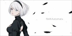 Rule 34 | 1girl, back cutout, black border, black feathers, black hairband, blue eyes, border, clothing cutout, copyright name, d.k, falling feathers, feathers, hair over one eye, hairband, looking at viewer, mole, mole under mouth, nier:automata, nier (series), no blindfold, parted lips, red lips, short hair, solo, upper body, white background, white hair, 2b (nier:automata)