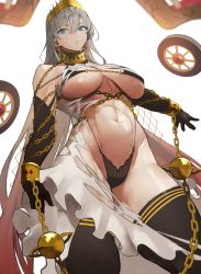 Rule 34 | 1girl, abs, absurdres, bikini, black bikini, black panties, black thighhighs, blue eyes, breasts, chain, choker, collar, covered erect nipples, crown, dress, earrings, fate/grand order, fate (series), grey hair, hair ornament, highleg, highleg bikini, highleg panties, highres, jewelry, large breasts, looking at viewer, muscular, muscular female, navel, panties, revealing clothes, swimsuit, thighhighs, thong, thong bikini, torn clothes, torn dress, underboob, underwear, yoshio (55level), zenobia (fate)