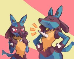 Rule 34 | blush, breast envy, creatures (company), drawfag, emphasis lines, closed eyes, furry, game freak, gen 4 pokemon, hands on own hips, lucario, nintendo, pokemon, pokemon (creature), puh, red eyes, smug, spikes