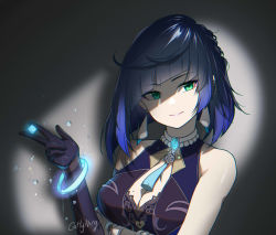 Rule 34 | 1girl, artist name, bare shoulders, black gloves, black hair, blue hair, blunt bangs, bob cut, breasts, brooch, cattyning, cleavage, cleavage cutout, clothing cutout, commentary, dice, elbow gloves, english commentary, genshin impact, gloves, green eyes, head tilt, highres, jewelry, large breasts, looking at viewer, mole, mole on breast, multicolored hair, pink lips, short hair, signature, sleeveless, smile, solo, upper body, yelan (genshin impact)
