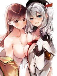 Rule 34 | 2girls, asymmetrical docking, blue eyes, breast press, breasts, brown eyes, brown hair, cleavage, commentary request, gloves, jacket, kantai collection, kashima (kancolle), large breasts, long hair, long sleeves, looking at viewer, multiple girls, nanahamu, neckerchief, no bra, ooi (kancolle), ooi kai ni (kancolle), red neckerchief, sidelocks, silver hair, simple background, twintails, undressing, upper body, wavy hair, white background, white gloves, white jacket