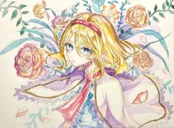 Rule 34 | 1girl, :o, alice margatroid, ascot, blonde hair, blue dress, blue eyes, capelet, dress, floral background, flower, frilled ascot, frills, hair between eyes, hairband, highres, looking at viewer, medium hair, navybluesparrow, open mouth, painting (medium), petals, red ascot, red flower, red hairband, red rose, rose, solo, touhou, traditional media, upper body, watercolor (medium), white capelet, yellow flower, yellow rose
