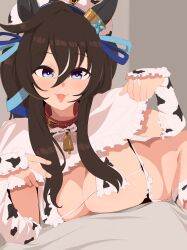 Rule 34 | 1girl, :3, alternate costume, animal ears, animal print, bell, belt collar, bikini, blue eyes, blurry, blurry background, blush, bow, breasts, choker, cleavage, closed mouth, collar, commentary request, cow print, cow print bikini, cow print gloves, ear covers, gloves, hair between eyes, hat, highres, horse ears, horse girl, horse tail, indoors, kumabachi315, large breasts, long hair, looking at viewer, lying, multicolored hair, neck bell, on stomach, print bikini, print gloves, red choker, sidelocks, solo, streaked hair, swimsuit, tail, thigh strap, tongue, tongue out, twintails, umamusume, very long hair, vivlos (umamusume), white hair, white hat
