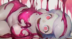 Rule 34 | 1girl, duplicate, highres, ibuo (ibukht1015), long hair, looking at viewer, lying, navel, nude, on side, open mouth, original, pink eyes, signature, slime (substance), solo, teeth, white hair