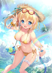 Rule 34 | 1girl, :d, arm up, bare arms, bikini, blonde hair, blue eyes, blue sky, breasts, bridal garter, cleavage, collarbone, commentary request, daisy, day, eyewear on head, fang, flower, frilled bikini, frills, hair ribbon, hat, highres, holding, hose, lens flare, looking at viewer, medium breasts, mikeou, navel, open mouth, original, outdoors, rainbow, ribbon, scrunchie, side-tie bikini bottom, sky, smile, solo, standing, straw hat, summer, sunflower, swimsuit, water drop, water gun, wrist scrunchie, yellow bikini