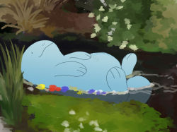 Rule 34 | afloat, animal focus, commentary, creatures (company), fine art parody, flower, flower on liquid, game freak, gen 2 pokemon, lying, nintendo, no humans, on back, ophelia (painting), outdoors, parody, partially submerged, pic koiwai, pokemon, pokemon (creature), quagsire, smile, solo, water