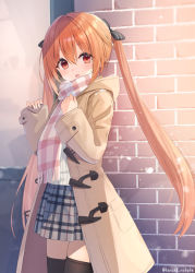 Rule 34 | 1girl, black thighhighs, blush, brick wall, coat, day, duffel coat, fringe trim, hair between eyes, hair ribbon, hands up, highres, long coat, long hair, looking at viewer, open clothes, open coat, open mouth, orange hair, original, outdoors, plaid, plaid scarf, plaid skirt, red eyes, ribbon, scarf, shirai tanuki, shirt, skirt, sleeves past wrists, solo, standing, thighhighs, trench coat, twintails, twitter username, very long hair, white shirt, winter clothes, zettai ryouiki