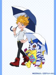 Rule 34 | 1boy, belt, belt buckle, black pants, blonde hair, blue eyes, boots, buckle, child, commentary request, crests (digimon), digimon, digimon (creature), digimon adventure, gabumon, hand on own hip, highres, holding, holding umbrella, ishida yamato, official art, one eye closed, pants, red footwear, shirt, smile, toei animation, umbrella, v-neck, walking, white shirt