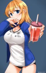 Rule 34 | 1girl, absurdres, black buruma, blouse, blue background, blue eyes, blush, breasts, buruma, charlotte e. yeager, closed mouth, collarbone, drink, gym uniform, highres, hiroshi (hunter-of-kct), jacket, large breasts, long hair, looking at viewer, orange hair, shiny skin, shirt, simple background, smile, solo, strike witches, track jacket, white shirt, world witches series