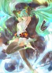 Rule 34 | 1girl, arms up, bad id, bad pixiv id, barefoot, elbow gloves, floating hair, gloves, green eyes, green hair, hatsune miku, hatsune miku (append), long hair, matching hair/eyes, solo, thighhighs, twintails, uniskie saabunrou, very long hair, vocaloid, vocaloid append