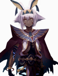 Rule 34 | 1girl, absurdres, animal ears, ankh, antenna hair, armlet, bandages, belly chain, black bandages, black hair, bracelet, bracer, breasts, cape, center opening, colored inner hair, dark-skinned female, dark skin, dress, earrings, facepaint, facial mark, fate/grand order, fate (series), glowing skin, gold trim, hairband, highres, hoop earrings, jackal ears, jewelry, looking at viewer, medium breasts, multicolored hair, nitocris (fate), nitocris alter (fate), nitocris alter (second ascension) (fate), pelvic curtain, red cape, short hair, sidelocks, smile, solo, streaked hair, t (atani79), thighlet, thighs, usekh collar, white background, white dress, white hair, yellow eyes