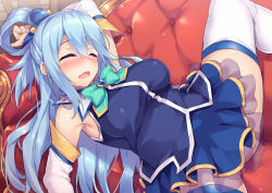 Rule 34 | 1girl, akizora momiji, aqua (konosuba), arm up, ass, bare shoulders, blue hair, blue shirt, blue skirt, blush, bow, breasts, closed eyes, commentary request, couch, detached sleeves, gem, green bow, green neckwear, hair between eyes, hair ornament, hair rings, kono subarashii sekai ni shukufuku wo!, large breasts, long hair, lying, on back, on couch, open mouth, paid reward available, shirt, skirt, sleeping, solo, spread legs, thighhighs, white thighhighs