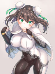 Rule 34 | 1girl, arm guards, black gloves, black hair, blush, bodysuit, breasts, bun cover, cape, chinese clothes, cloud print, commentary request, covered erect nipples, double bun, fate/grand order, fate (series), fingerless gloves, gloves, green eyes, hair bun, highres, jiang shennong, medium breasts, qin liangyu (fate), sidelocks, simple background, skin tight, smile, solo, standing, white bodysuit, white cape