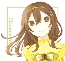Rule 34 | 1girl, artist name, artist request, blush, bow, breasts, brown eyes, brown hair, dress, female focus, flower, flower necklace, fur-trimmed dress, fur trim, gloves, green bow, hair between eyes, hair flower, hair ornament, hairband, highres, jewelry, kunikida hanamaru, light brown hair, long hair, looking at viewer, love live!, love live! school idol festival, love live! sunshine!!, matching hair/eyes, necklace, parted lips, smile, solo, striped clothes, striped dress, upper body, vertical-striped clothes, vertical-striped dress, white background, yellow bow, yellow dress, yellow eyes, yellow flower, yellow hairband