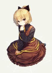 Rule 34 | 1girl, black bow, black shirt, blonde hair, bow, brown dress, brown eyes, closed mouth, dress, full body, grey background, hair bow, highres, kurodani yamame, long sleeves, looking at viewer, official art, shirt, shnva, short hair, silk, sitting, smile, solo, spider web, strange creators of outer world, third-party source, touhou