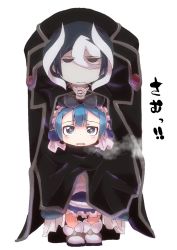 Rule 34 | 1boy, 1girl, black eyes, black hair, blue eyes, blue hair, breast rest, breasts, breasts on head, breath, cape, child, dress, frills, hair between eyes, highres, hug, hunched over, jitome, made in abyss, maid headdress, maruruk, multicolored hair, open mouth, ozen, pale skin, shoes, simple background, trap, two-tone hair, whistle, white background, white hair, ximu shilang