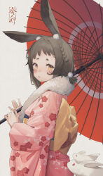 Rule 34 | 1girl, 2023, absurdres, animal ear fluff, animal ears, arl, blush, brown hair, chinese zodiac, closed mouth, commentary, floral print, from side, fur-trimmed kimono, fur trim, hair ornament, highres, hikimayu, holding, holding umbrella, japanese clothes, kimono, long sleeves, looking at viewer, medium hair, new year, obi, obijime, oil-paper umbrella, original, pink kimono, pom pom (clothes), pom pom hair ornament, print kimono, rabbit, rabbit ears, rabbit girl, sash, solo, umbrella, white background, wide sleeves, year of the rabbit, yellow eyes