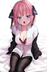 Rule 34 | 1girl, :o, alternate costume, black jacket, black pantyhose, black ribbon, blue eyes, blunt bangs, blush, bra, breasts, chigusa minori, cleavage, go-toubun no hanayome, hair ornament, hair ribbon, highres, jacket, large breasts, long hair, looking at viewer, nakano nino, off-shoulder jacket, off shoulder, open clothes, open shirt, pantyhose, pink hair, red bra, ribbon, shirt, signature, simple background, sitting, solo, underwear, white background, white shirt