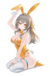 Rule 34 | 1girl, alternate costume, animal ears, arm up, blush, bow, bowtie, breasts, cleavage, detached collar, fake animal ears, fake tail, full body, grey hair, hand on own thigh, hand up, high heels, highleg, highleg leotard, highres, honkai: star rail, honkai (series), leotard, long hair, looking at viewer, luffy (1uffy), medium breasts, parted lips, playboy bunny, rabbit ears, rabbit tail, seiza, side-tie leotard, sidelocks, simple background, sitting, solo, stelle (honkai: star rail), strapless, strapless leotard, tail, thighhighs, trailblazer (honkai: star rail), white background, white thighhighs, wrist cuffs, yellow bow, yellow bowtie, yellow eyes, yellow footwear, yellow leotard