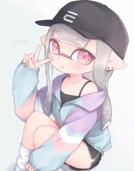 Rule 34 | 1girl, :o, artist name, baseball cap, black hat, black shorts, blunt bangs, blunt ends, camisole, commentary, dolphin shorts, ear piercing, earrings, grey background, grey hair, hat, highres, inkling, inkling girl, inkling player character, jacket, jewelry, long hair, long sleeves, looking at viewer, loose socks, mask, multicolored clothes, multicolored jacket, nintendo, off shoulder, parted lips, piercing, pioxpioo, pointy ears, red eyes, shirt, short shorts, shorts, signature, simple background, sitting, sleeves past wrists, socks, solo, stud earrings, tentacle hair, track jacket, v, white legwear, zipper
