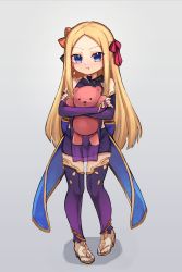 Rule 34 | 1girl, abigail williams (fate), armlet, bare shoulders, blonde hair, blue eyes, blush, bracelet, breasts, collar, cosplay, detached sleeves, dress, earrings, fate/grand order, fate (series), forehead, full body, hair ribbon, highres, jewelry, kama (fate), kama (fate) (cosplay), kama (first ascension) (fate), long hair, looking at viewer, metal collar, miniskirt, miya (miyaruta), parted bangs, pelvic curtain, pout, purple dress, purple skirt, purple sleeves, purple thighhighs, ribbon, ring, sandals, skirt, small breasts, stuffed animal, stuffed toy, teddy bear, thighhighs, thighlet
