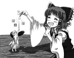Rule 34 | 2girls, anger vein, arms up, ascot, bow, bowl, closed eyes, detached sleeves, dropping, gameplay mechanics, greyscale, hair bow, hair tubes, hakurei reimu, hato (grazie a domani 7), japanese clothes, kimono, lightning bolt symbol, mini person, minigirl, monochrome, multiple girls, needle, open mouth, pain, power-up, reaching, rice bowl, short hair, sitting, stab, sukuna shinmyoumaru, table, tears, tiptoes, touhou