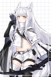 Rule 34 | 1girl, absurdres, animal ear fluff, animal ears, arknights, arrow (projectile), black gloves, black thighhighs, bow (weapon), character name, commentary request, cowboy shot, gloves, highres, holding, holding bow (weapon), holding weapon, jacket, lalihop, long hair, long sleeves, midriff, navel, partial commentary, platinum (arknights), quiver, short shorts, shorts, solo, stomach, thighhighs, thighs, very long hair, weapon, white hair, white jacket, white shorts, yellow eyes