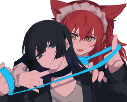 Rule 34 | 2girls, animal ears, aqua eyes, bite mark, bite mark on neck, black hair, blush, bocchi the rock!, cat ears, chinese commentary, choker pull, collar, commentary request, fangs, green eyes, grey shirt, highres, holding, holding leash, kemonomimi mode, kita ikuyo, leash, lip piercing, long hair, looking at another, looking at viewer, maid headdress, multiple girls, open mouth, pa-san, parted lips, piercing, red hair, shirt, simple background, smile, upper body, white background, white headdress, xmyishipi, yuri